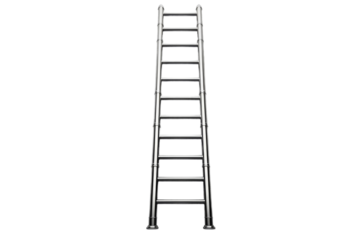 Metal Ladder. A metal ladder stands upright. The ladders rungs are visible and the structure is well-defined against the stark white backdrop. On PNG Transparent Clear Background.