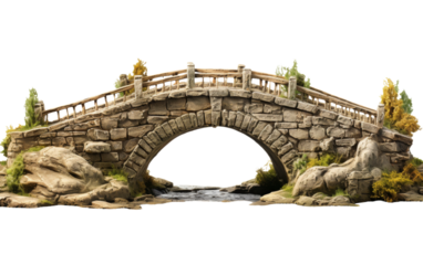 Stone Bridge Over a Small Stream. A stone bridge arches over a narrow stream, providing a pathway for crossing. On PNG Transparent Clear Background.