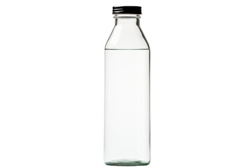 Clear Glass Bottle With Black Cap. A transparent glass bottle stands upright, sealed with a sleek black cap. The bottles cylindrical shape and clarity highlight its contents.