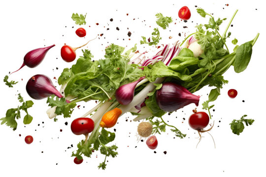 Carrots, bell peppers, tomatoes, and other vegetables Floating in the Air. Various types of colorful and fresh vegetables are seen airborne in this unique scene. 