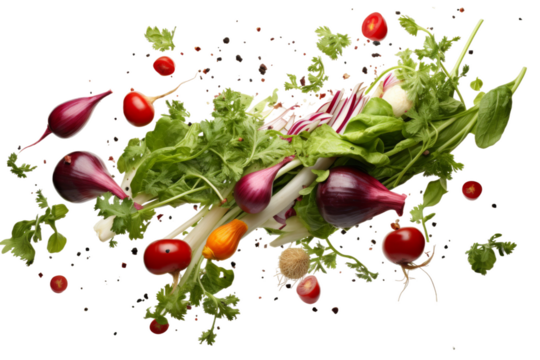 Carrots, bell peppers, tomatoes, and other vegetables Floating in the Air. Various types of colorful and fresh vegetables are seen airborne in this unique scene. 