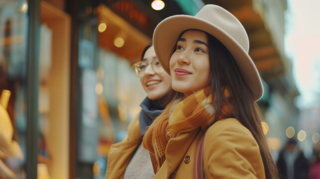 Beautiful Young Woman Friends Enjoying Shopping In The City