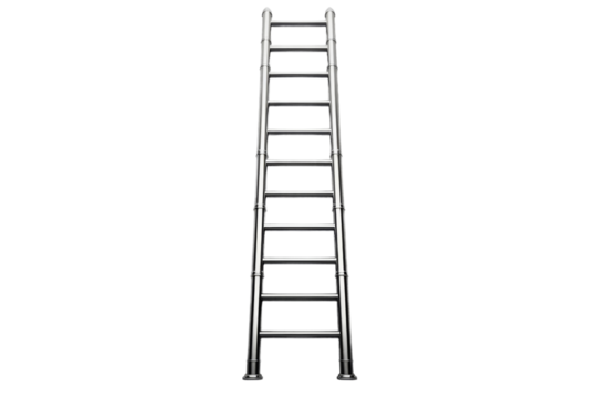 Metal Ladder. A metal ladder stands upright. The ladders rungs are visible and the structure is well-defined against the stark white backdrop. On PNG Transparent Clear Background.