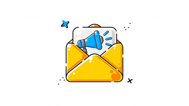 envelope with documents and megaphone for mail services, business communications and digital marketing. Ideal for marketing and promotional materials.
