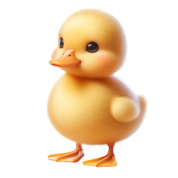 A cute yellow duck with a pink nose stands on its hind legs
