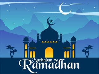 Marhaban ya Ramadhan greeting, Islamic design with mosque silhouette and mountain shadow background at night