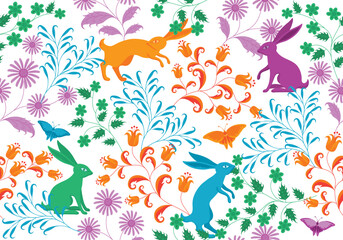 Seamless vector floral background with rabits and butterflies