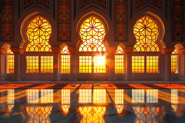 windows architecture of the mosque. the room is lit by the bright sunlight coming. ramadan kareem banner background. ramadan kareem holiday celebration concept