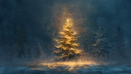 bright christmas tree on dark background with sparkle - obrazy, fototapety, plakaty