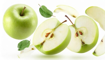 Apples isolated. Levitation of ripe green apples, apple halves and slices on a white background