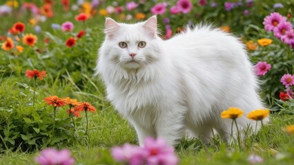 Naklejka na ściany i meble White norwegian forest cat in flower field