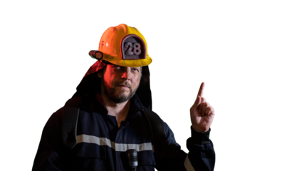 the male firefighter shows a hand gesture attention carefully