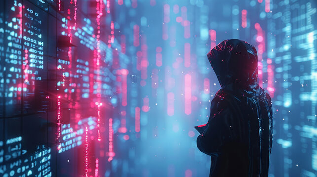A hacker manipulating data in a futuristic digital landscape