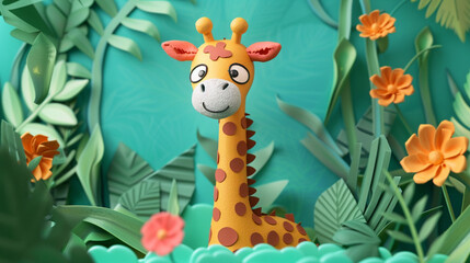 Create a 3D animation showcasing a whimsical giraffe sculpture made entirely of plasticine