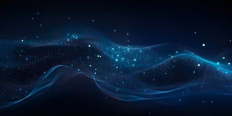 Background with abstract, glowing waves and dots. Metaverse cyberspace design. Dark blue space for text