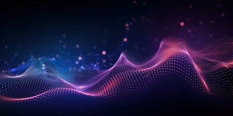 Abstract background with glowing weaves and dots. Space for text on the topic of cyberspace, metaverse, data transmission. Dark blue-purple background