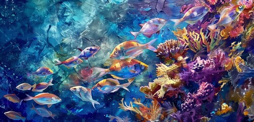 Fototapeta na wymiar A school of shimmering fish dart through coral reefs, their scales reflecting the spectrum of ocean hues.