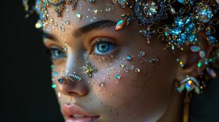 Close-up fashion portrait of sensual blonde girl with luxury style, posing with elegant hair-style and make-up and wearing fur shawl and rich shiny jewellery.