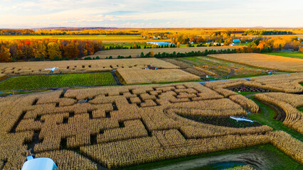 Quebec, Canada - Oct. 29 2023: Panorama aeriel photo of Corn field maze in quebec in autumn 