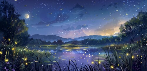 A symphony of crickets fills the evening air as fireflies twinkle like stars in a moonlit meadow.