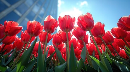 Tulip plantations against the blue sky