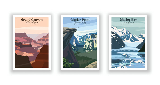 Glacier Bay, National Park. Glacier Point, Yosemite Valley. Grand Canyon, National Park - Vintage travel poster. Vector illustration. High quality prints
