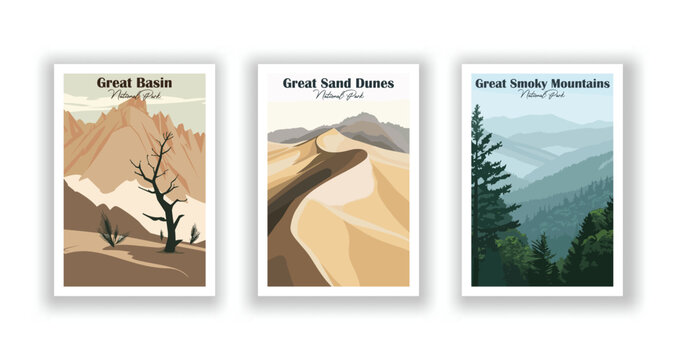 Great Basin, National Park. Great Sand Dunes, National Park. Great Smoky Mountains, National Park - Vintage travel poster. Vector illustration. High quality prints