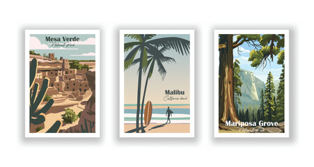 Malibu california beach. Mariposa Grove, National Park. Mesa Verde, National Park - Vintage travel poster. Vector illustration. High quality prints - obrazy, fototapety, plakaty