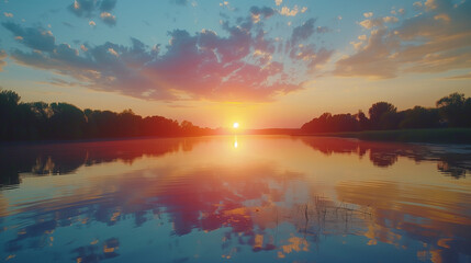 The sky above a tranquil forest lake is transformed by a breathtaking sunset, its vivid colors...