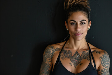 Confident Latin American woman with muscular body tattooed on black background.
