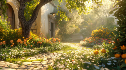 A peaceful afternoon in a sunlit garden, Sunbeams pierce through the foliage, illuminating a quaint garden filled with flowers.