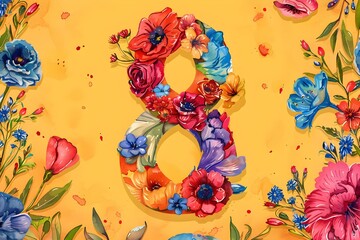 The number  surrounded by flowers in watercolor Yellow background. Concept Watercolor Painting, Floral Design, Bright Yellow Background, Number Illustration, Artistic Composition