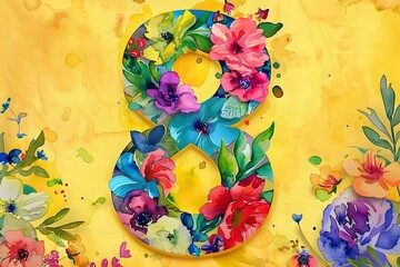 Yellow Watercolor Background with Flowers Surrounding a Number. Concept Creative Design, Floral Number, Yellow Background, Watercolor Illustration, Artistic Composition