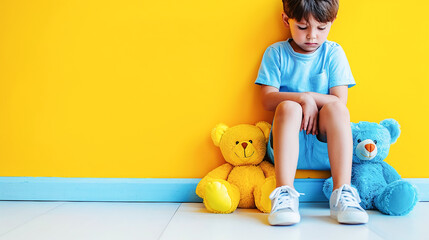 A sad boy in blue T-shirt sits against an empty yellow wall, next to his favorite multi-colored yellow and blue teddy bears. Children health concept, World Autism Awareness Day - obrazy, fototapety, plakaty