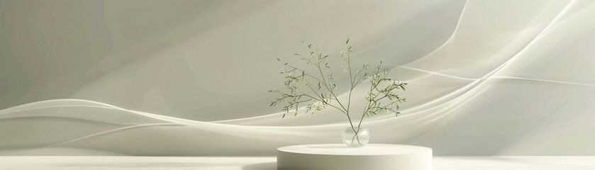 A minimalist design featuring a podium with a single elegant plant surrounded by a swirling abstract background