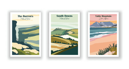 South Downs. Table Mountain, South Africa. The Burren, National Park - Vintage travel poster. Vector illustration. High quality prints