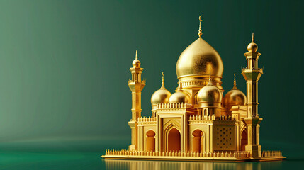 3d gold mosque on green background. ramadan kareem banner background. ramadan kareem holiday celebration concept
