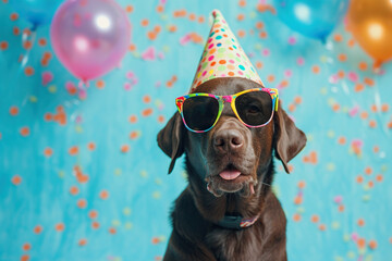 Funny party dog wearing colorful summer hat and stylish sunglasses. Blue background