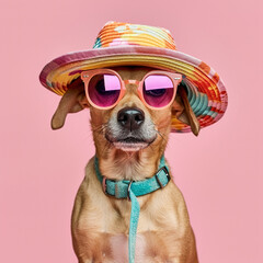 Funny party dog wearing colorful summer hat and stylish sunglasses. Pink background