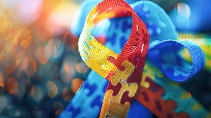 Ribbon with a bright pattern of multi-colored puzzles, a symbol of autism, world awareness day. Close-up, selective focus