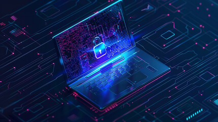 Create an illustration of a laptop with a password protected lock and enhanced security features
