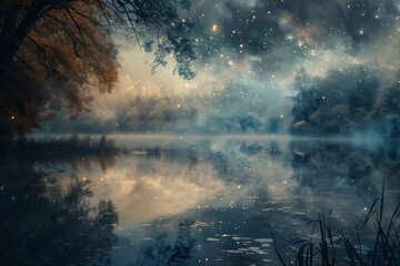 A tranquil lake lies still beneath a canopy of stars, its surface mirroring the celestial dance above with perfect clarity.