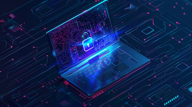 Create an illustration of a laptop with a password protected lock and enhanced security features