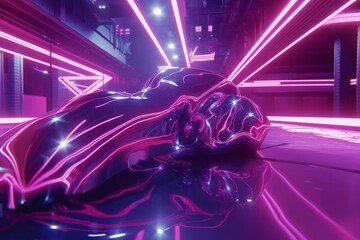 Futuristic Neon Lights in a Modern Urban Setting with Abstract Car Reflection, Cyberpunk Aesthetic, Vibrant City Nightlife