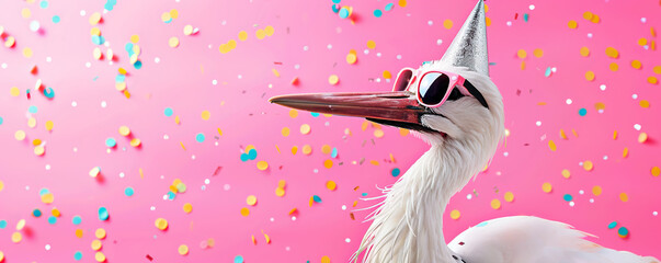 Stork with party hat and sunglasses on pink background with confetti.