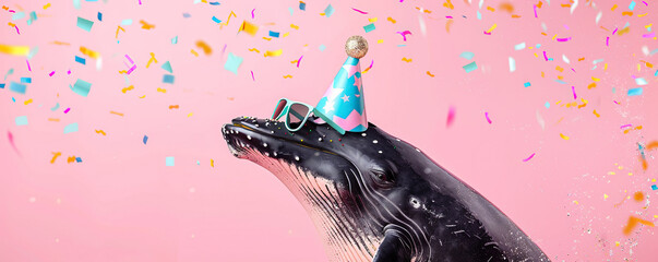 Happy Birthday, carnival, New Year's eve, sylvester or other festive celebration, funny animals card banner - whale with party hat and sunglasses on pink background with confetti. - obrazy, fototapety, plakaty