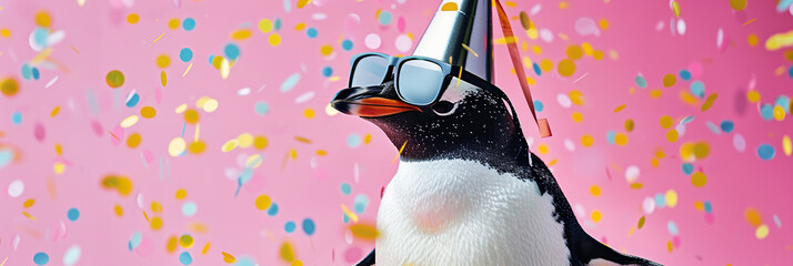 Happy Birthday, carnival, New Year's eve, sylvester or other festive celebration, funny animals card banner - Penguin with party hat and sunglasses on pink background with confetti. - obrazy, fototapety, plakaty