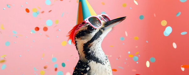 Happy Birthday, carnival, New Year's eve, sylvester or other festive celebration, funny animals card banner - woodpecker with party hat and sunglasses on pink background with confetti - obrazy, fototapety, plakaty