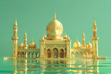 Fototapeta premium 3d gold mosque on green background. ramadan kareem banner background. ramadan kareem holiday celebration concept