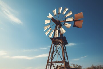 Old windmill wheel alternative energy power farm rural vintage generator sky propeller ecology agriculture production industry equipment isolated outdoors pump mill cloud sunrise tower nature turbine
